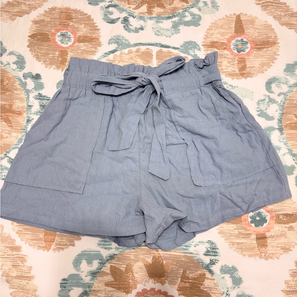 SHEIN Light Blue Paperbag Waist Tie Shorts